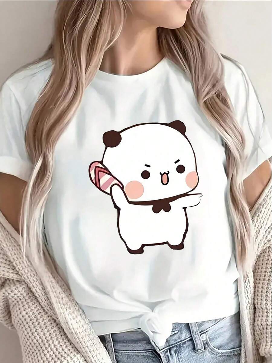 Lightweight And Durable Short-Sleeved T-Shirt With An Adorable Panda Design, Ideal For Casual Outings At Home, Cafes Or Outdoor Activities, Ensuring Comfort And Style For Everyday Wear. - [白色的] - 查看 1