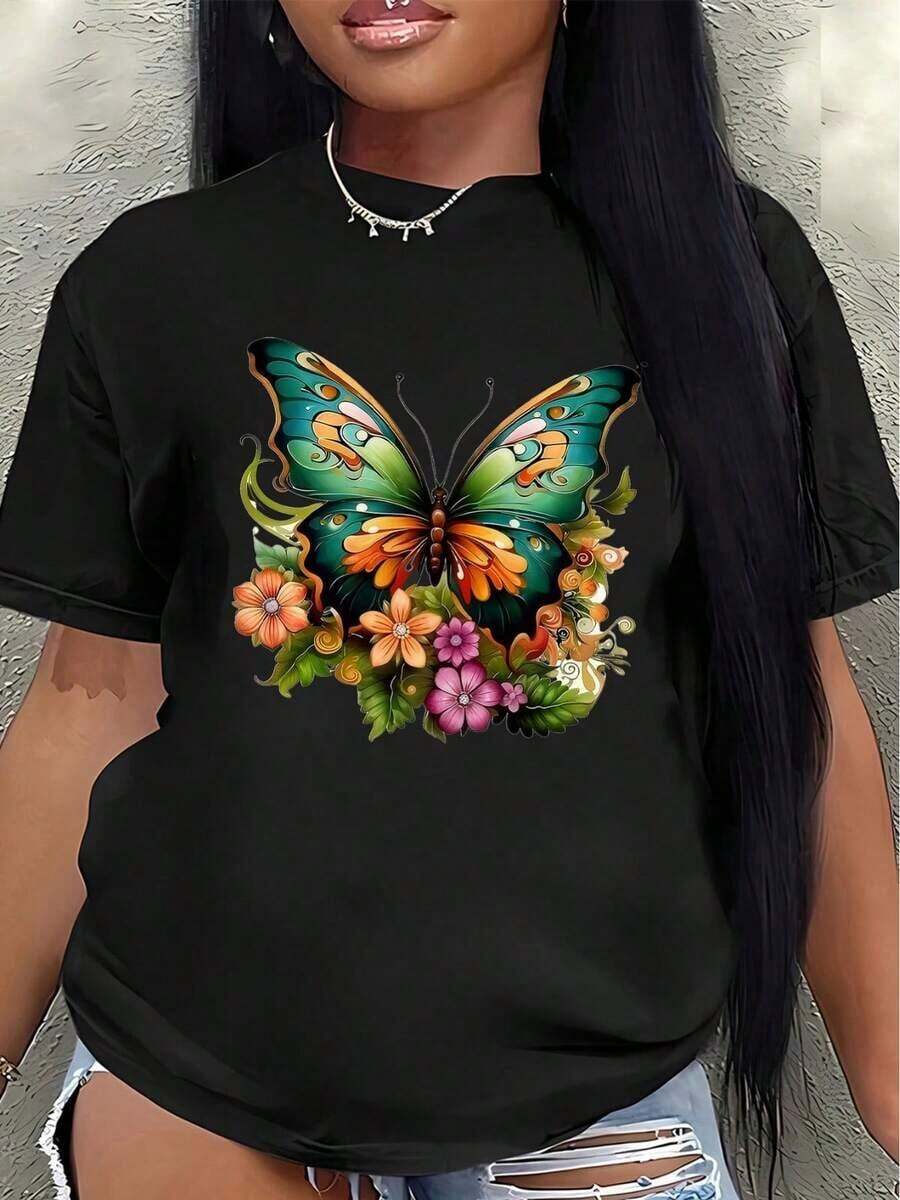 Camiseta de algodón de corte regular para mujer, manga corta, cuello redondo, con un bonito estampado de mariposas y flores. - Negro - Ver 1