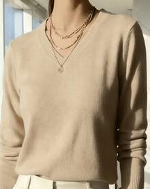V-NECK SWEATSHIRT WOMEN'S KNITTING LONG SLEEVE WINTER BASIC MODAL Thin And Light Style - 杏色 - 查看 1