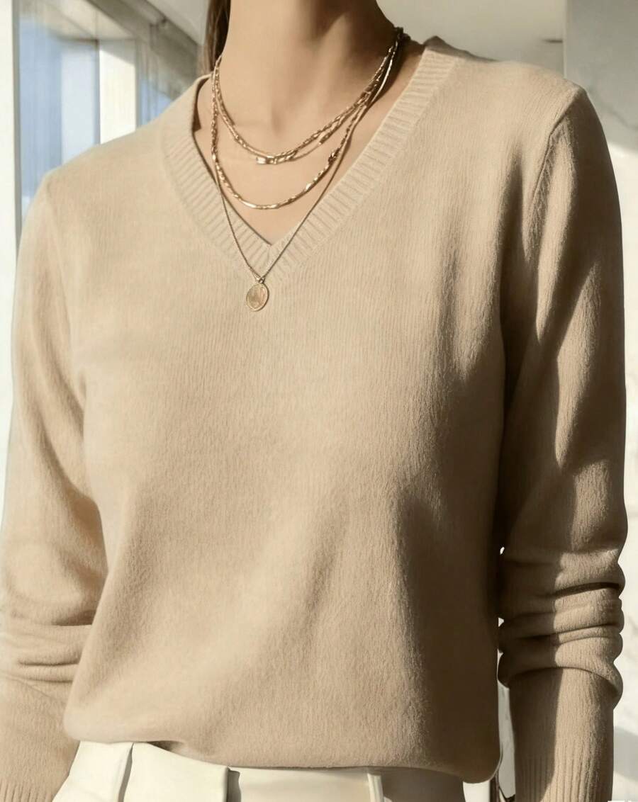 V-NECK SWEATSHIRT WOMEN'S KNITTING LONG SLEEVE WINTER BASIC MODAL Thin And Light Style - 杏色 - 查看 1