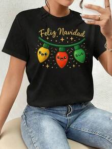 Unisex Plus Size Short Sleeve T-Shirt, 100% Cotton, With Christmas Lights Print And Seasonal Phrase, Colorful Design, Ideal For This Season And Everyday Wear, Eye-Catching, Modern, Loose Fit, Round Neck, Short Sleeves, Ideal For The Whole Family. Perfect Gift For Friends, Family And Fashion Lovers - 黑色 - 查看 6