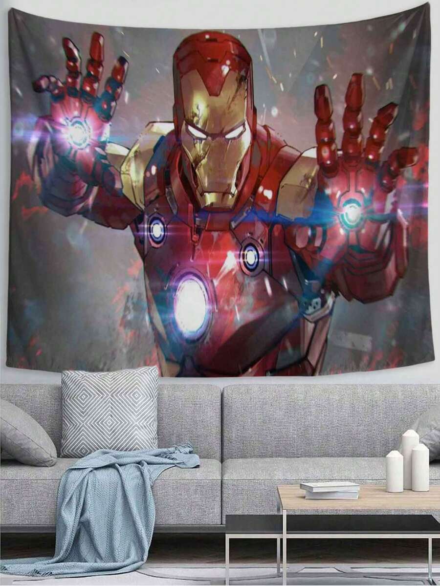 1pc M-Arvel I-Ron Man Tapestry, Cinematic Battle Scene Style Wall Decor, Glowing Red And Gold Superhero Art Hanging, Perfect For Bedroom, Living Room, Dorm, Apartment, Studio, Party Backdrop, Comic, Superhero Themed Room Decor, Adds Intense Heroic Vibe To Any Living Space, Ideal For Fan Collections And Cosplay Setups - Multicolor a - View 1