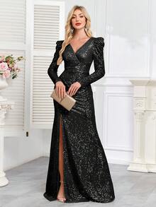 hezixi Long Elegant V-Neck Sequined Bodycon Formal Maxi Dress, Stretch Sexy Slit Party Gown, Formal Prom Dress (Delicate Design) Black Wedding Fall - Black - View 2