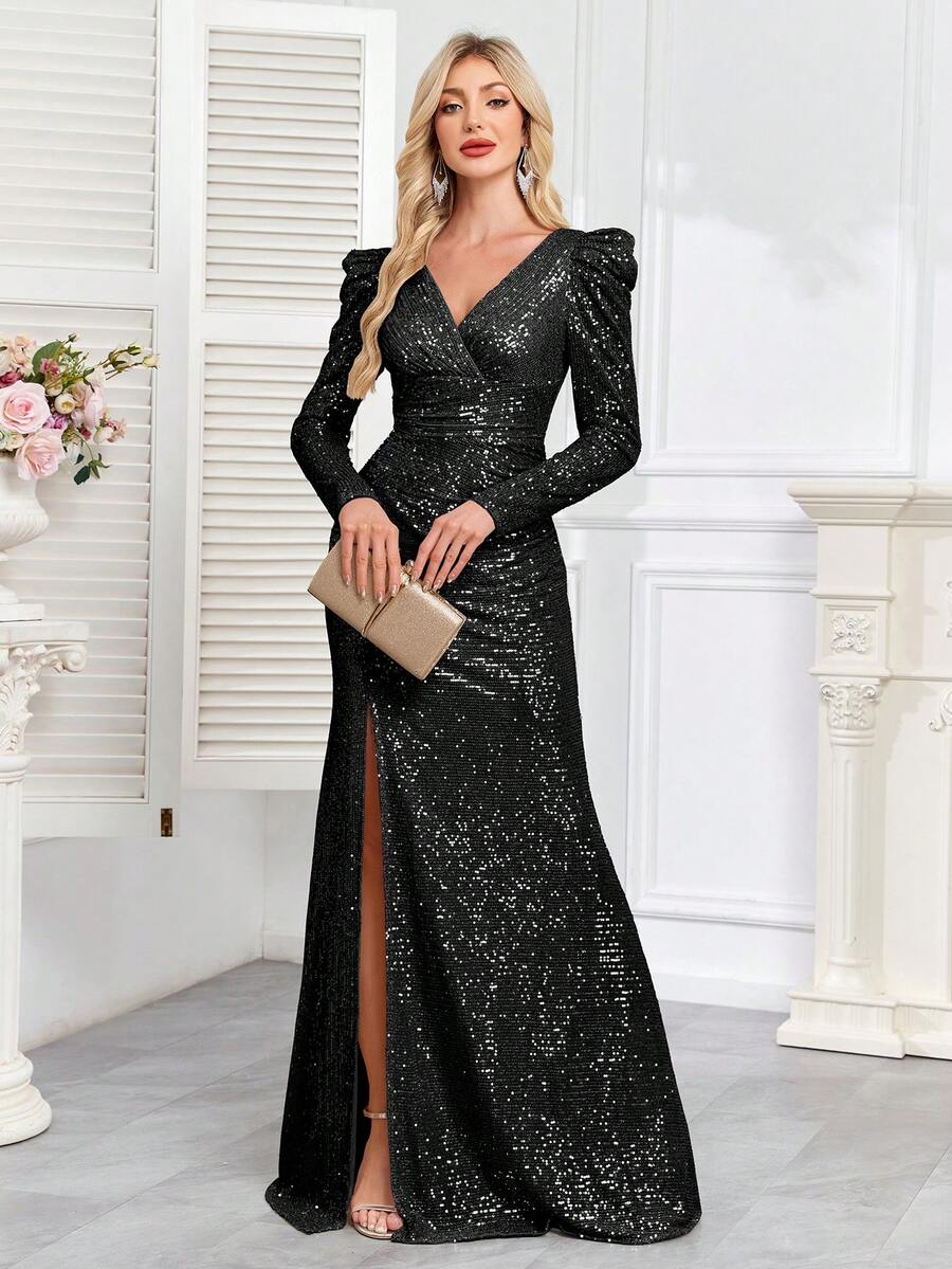 hezixi Long Elegant V-Neck Sequined Bodycon Formal Maxi Dress, Stretch Sexy Slit Party Gown, Formal Prom Dress (Delicate Design) Black Wedding Fall