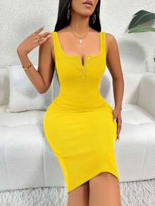 casual ajustado de unicolor con botones frontales y tirantes anchos para mujeres, atuendo de mujer de largo maxi para Año Nuevo - Amarillo - Ver 7