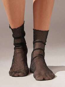 1 Pair Women's Black Pearlescent Shiny See-Through Mesh Stockings, Suitable For Party And Stage Performance, Mid-Calf Style Christmas Gift - One-size - View 3