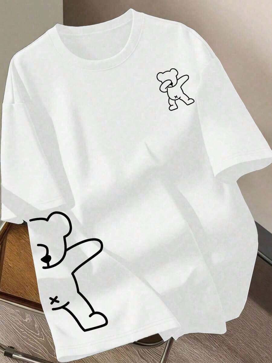 Women's Casual T-Shirt With Cartoon Bear Print, Round Neck And Short Sleeve - 白色 2 - 查看 1