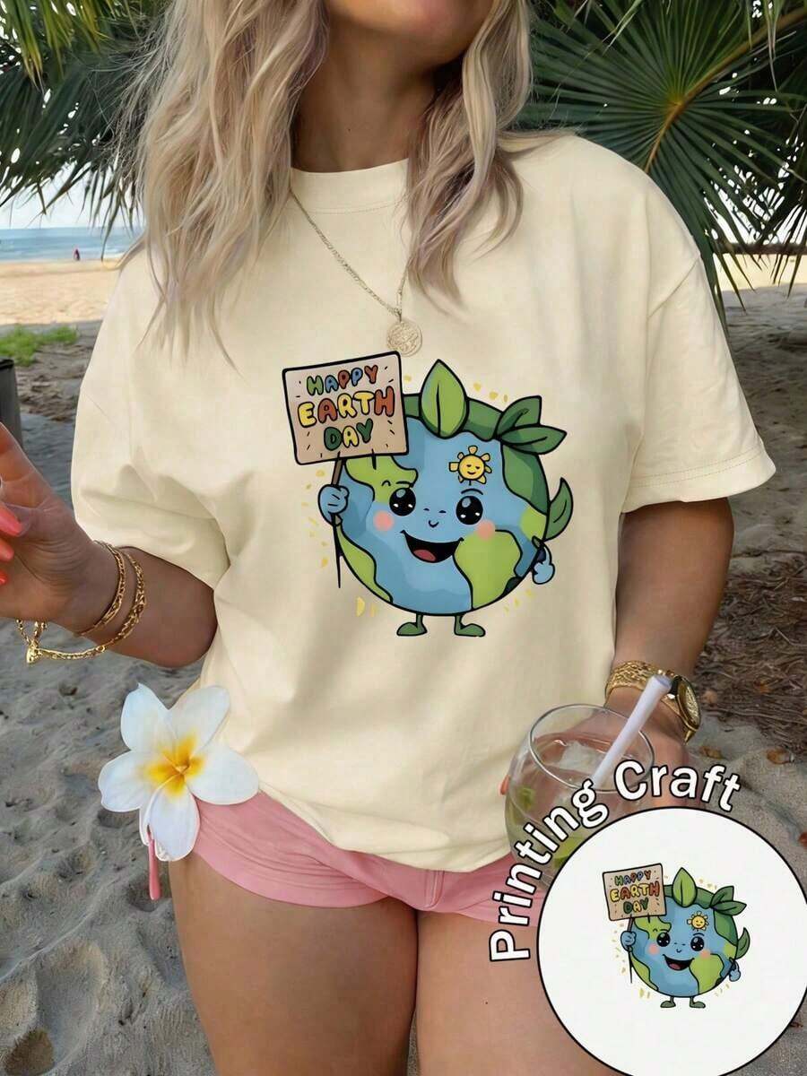 Women's Vintage Summer T-Shirt, Short-Sleeved, Crew Neck, 100% Polyester, Machine Washable, Easy Care, With A Casual Print And A Cute "Happy Earth Day" Slogan. New 2026 Summer T-Shirt For Travel, Everyday Wear, Vacations, And Festivals. Unisex - 杏色 - 查看 1