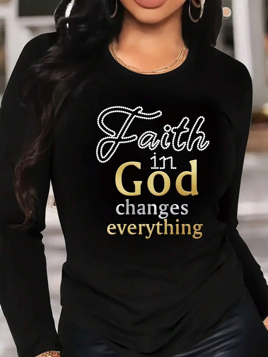 Casual Long-Sleeved Gold T-Shirt From The Black Series, In Black And White, With Faith In God - Black - View 1