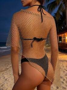 Women's Gold Fishnet Rhinestone Ponchos Tops Asymmetric Off One Shoulder Cut Out Mesh Cover Up Lingerie - Gold - View 9