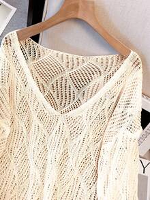 Women's V-Neck Hollow Rhombus Design Loose Knit Cover Up, Airy And Breathable For Beach/Resort Wear, Spring/Summer Vacation - Màu be - Xem 3