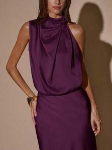 Vestido asimétrico sin mangas de color crema y amarillo, vestido de noche minimalista y sexy para fiesta, cóctel, boda, cumpleaños, vestido largo de satén - Rojo violeta - Ver 3