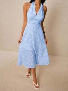Vestido con espalda descubierta de cuello halter, cintura fruncida y estampado floral diminuto amarillo, adecuado para vacaciones - Celeste - Ver 5