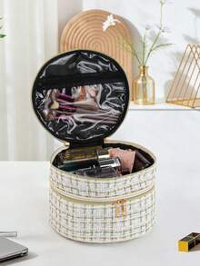 1pc Commuter Style Fabric Double Zipper Makeup Bag, Multi-Layer Design Suitable For Women Travel & Cosmetic Storage - Multicolor - View 6