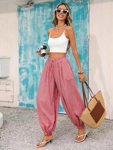Pantalones holgados de tiro alto con bolsillos y estampado de cuadros para mujer, ideales para vacaciones, estilo vacacional, atuendos de verano. Pantalones holgados con cintura elástica y estampado de cuadros, adecuados para la oficina, negocios, vacaciones, uso casual, diario, universidad, viajes. Nuevos pantalones de verano para mujer, pantalones de trabajo, pantalones envolventes, pantalones de trabajo para mujer. - Rojo - Ver 2