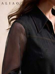 Camisa de mujer ALIAO moderna, elegante, sofisticada y versátil para el trabajo y el día a día. Textura de efecto de mezclilla con parches de malla de alta calidad, transpirable y de doble botonadura, adecuada para todas las estaciones. - Lavado ligero - Ver 9