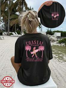 Casual T-Shirt [Double-Sided Print] Women's Loose-Fitting Casual Top For Spring And Summer, Beach Style, With Palm Tree Print, Surfboards, Cowgirl Style For Beach And Saltwater, Short Sleeve, Round Neck, 100% Cotton, Oversized Drop Shoulder T-Shirt [Chu] 100% Cotton, Durable - 黑色 - 查看 6