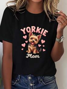 Camiseta de Mujer Yorkie Mom con Corazones Rosas, Ajuste Cómodo - Negro - Ver 1
