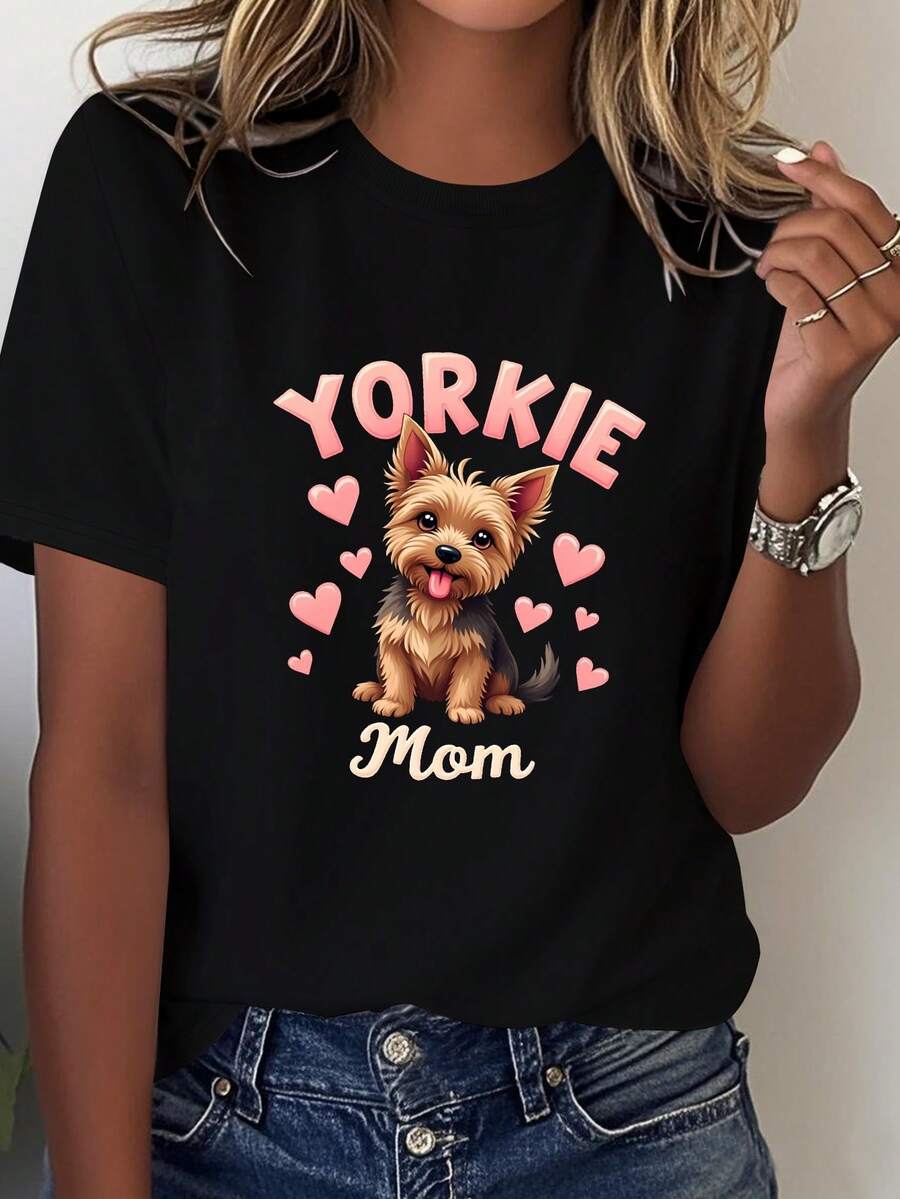 Camiseta de Mujer Yorkie Mom con Corazones Rosas, Ajuste Cómodo - Negro - Ver 1