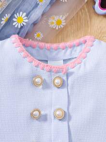2pcs/Set Spring & Summer Soft Girl Style Light Blue Textured Pearl Decor Sleeveless Top And Bowknot Pleated Skirt - Multicolor - View 4