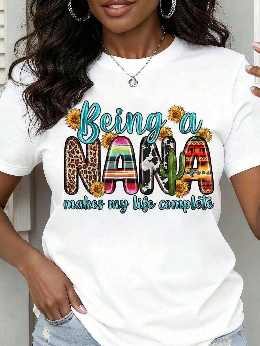Camiseta de Cuello Redondo para Mujer 2026, Estampado de Leopardo, Arcoíris, Cactus y Girasol, Manga Corta, Regalo para Abuela, Familia, Celebración del Día de la Madre - Blanco - Ver 1