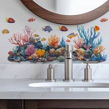 1pc Colorful Coral Reef & Tropical Fish Wall Sticker, Watercolor Ocean Theme Home Wall Decor Decal - View 3