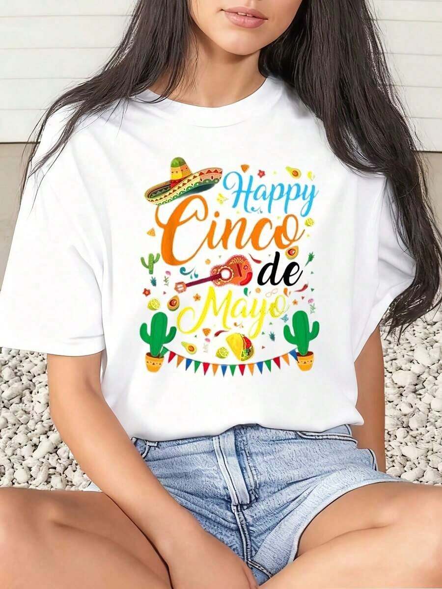 Vintage Women's T-Shirt With Cinco De Mayo Print, Mexican Cultural Celebration, With Wide Brim Hat, Cactus And Maracas Pattern, Festive And Commemorative Short Sleeve. - 白色 - 查看 1