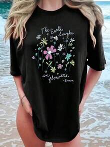 Algodón Camiseta De Manga Corta Con Cuello Redondo Y Estampado De Flores Para Mujer, Informal, De Verano, Tops Gráficos Para Mujer. Blusas Para Mujer Camisa - Negro - Ver 7