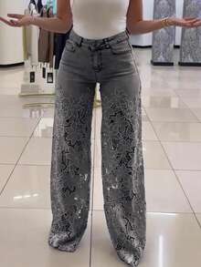 Pantalón de mezclilla nuevo de primavera-verano para mujer, tiro alto, corte ancho, de moda, elegante, versátil, con encaje calado, caída fluida, diseño favorecedor, perfecto para looks de día, oficina y ocasiones informales - Gris - Ver 3
