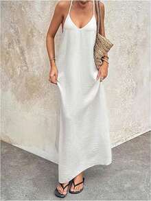 Elegante vestido largo de tirantes finos con lentejuelas y espalda descubierta para mujer, ideal para fiestas, bodas, playa y vacaciones. Color blanco, perfecto para el verano. - Blanco - Ver 3