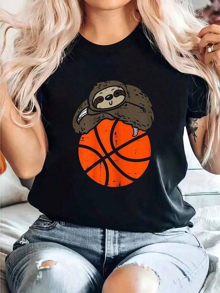 Camiseta Estampada Con Perezoso Jugando Al Baloncesto, Prenda Casual De Cuello Redondo De Manga Corta Y Cómoda Para Primavera Y Verano Para Mujeres Summer Essentials,Summer Outfits For Women,Graphic Tees blusas para mujer camisa - Negro - Ver 1