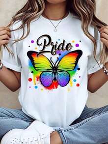 Camisetas Casuales para Mujer, Camiseta con Diseño de Mariposa Arcoíris para el Orgullo LGBTQ, Diseño Colorido para Celebración del Mes del Orgullo, Camiseta para Mujer, Estilo Y2K, Camisetas de Moda de Verano, Conjuntos y Tops Casuales de Streetwear - Blanco - Ver 6