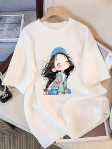 Women's Y2K-Inspired Cartoon Print T-Shirt - Soft, Short Sleeve, Crew Neck, Playful Spring/Summer Top, Casual Summer Top | Playful Design | Comfortable Fit, Women's T-Shirts - [白色的] - 查看 5