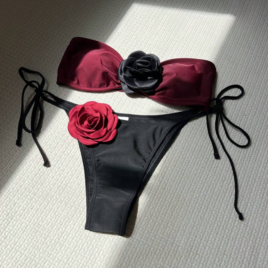 Two-Tone Pink Strapless Bikini With Adjustable Drawstring And Tie Straps Bikini9149 - 酒紅色 - 查看 1