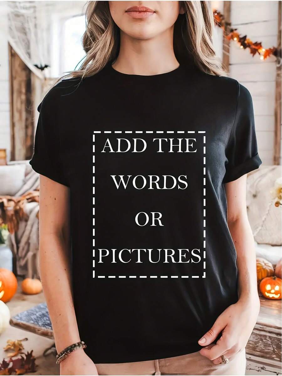 Women's Customizable T-Shirt, Solid Color With Graphic Print, Short Sleeve, With Option To Upload Custom Image/Text, Machine Washable, Crew Neck For Casual Wear, Parties, Outdoor Activities, Valentine's Day And Easter Gift, Stylish T-Shirt - 黑色 - 查看 1