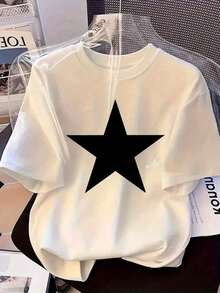Camisetas de Talla Grande para Mujer - Camiseta Holgada de Hombros Caídos, Tops Casuales de Manga Corta, 1 Pieza de Camiseta Casual de Manga Corta para Mujer con Estampado de Estrella de Cinco Puntas Negra, Diseño Geométrico Minimalista, Fuerte Impacto Visual, Versátil y Adecuada para Todos, Transpirable y Cómoda. - Blanco - Ver 11