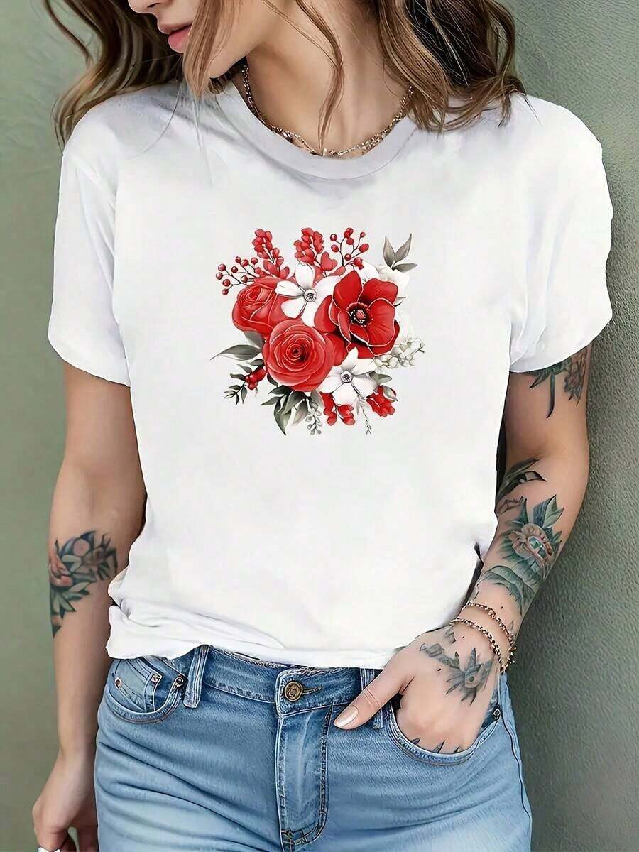 Camisetas de manga corta de talla grande, suaves y transpirables para mujer - Tops casuales de corte holgado para uso diario, camiseta vintage con estampado floral para mujer - Top casual de manga corta con cuello redondo, patrón de rosas moradas y hojas verdes, camiseta de primavera/verano, regalo para ella, tela opaca, material ligero, camisa estampada, ropa de verano transpirable y cómoda. - Blanco - Ver 1