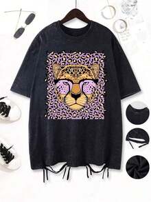 Camiseta Vintage de Mujer con Estampado de Leopardo, Verde Oliva con Puntos Rosados, Estampado Animal, Suave, Transpirable, Corte Holgado, Manga Corta, Cuello Redondo, Estilo Casual Urbano Unisex para Uso Diario en Verano, Lavable a Máquina, Transpirable y Cómoda. - Negro - Ver 10