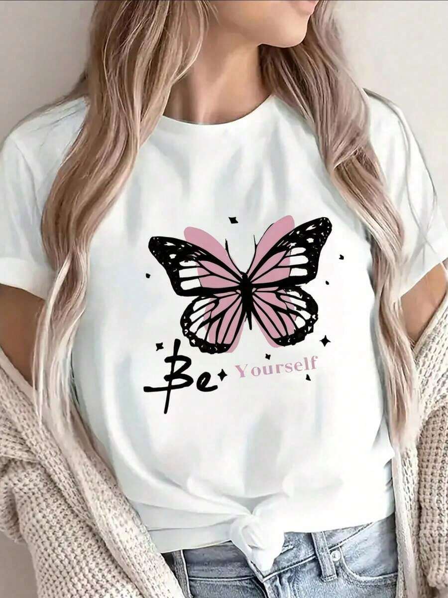 Camiseta Gráfica Vintage de Moda con Estampado de Letras y Dibujos Animados para Mujer, Cuello Redondo, Shir-111 (2) - Blanco 4 - Ver 1