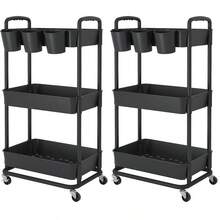 Plastic Rolling Storage Cart Utility Cart With Extra Hanging Cups Handles Lockable Wheels For Living Room Bathroom Kitchen Office - 黑色 - View 3