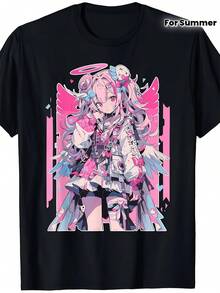 Camiseta estampada, top casual de manga corta y cuello redondo, ropa de mujer para primavera/verano, blusas para mujer, playeras de mujer, tops, blusa, top, playeras. - Negro - Ver 1