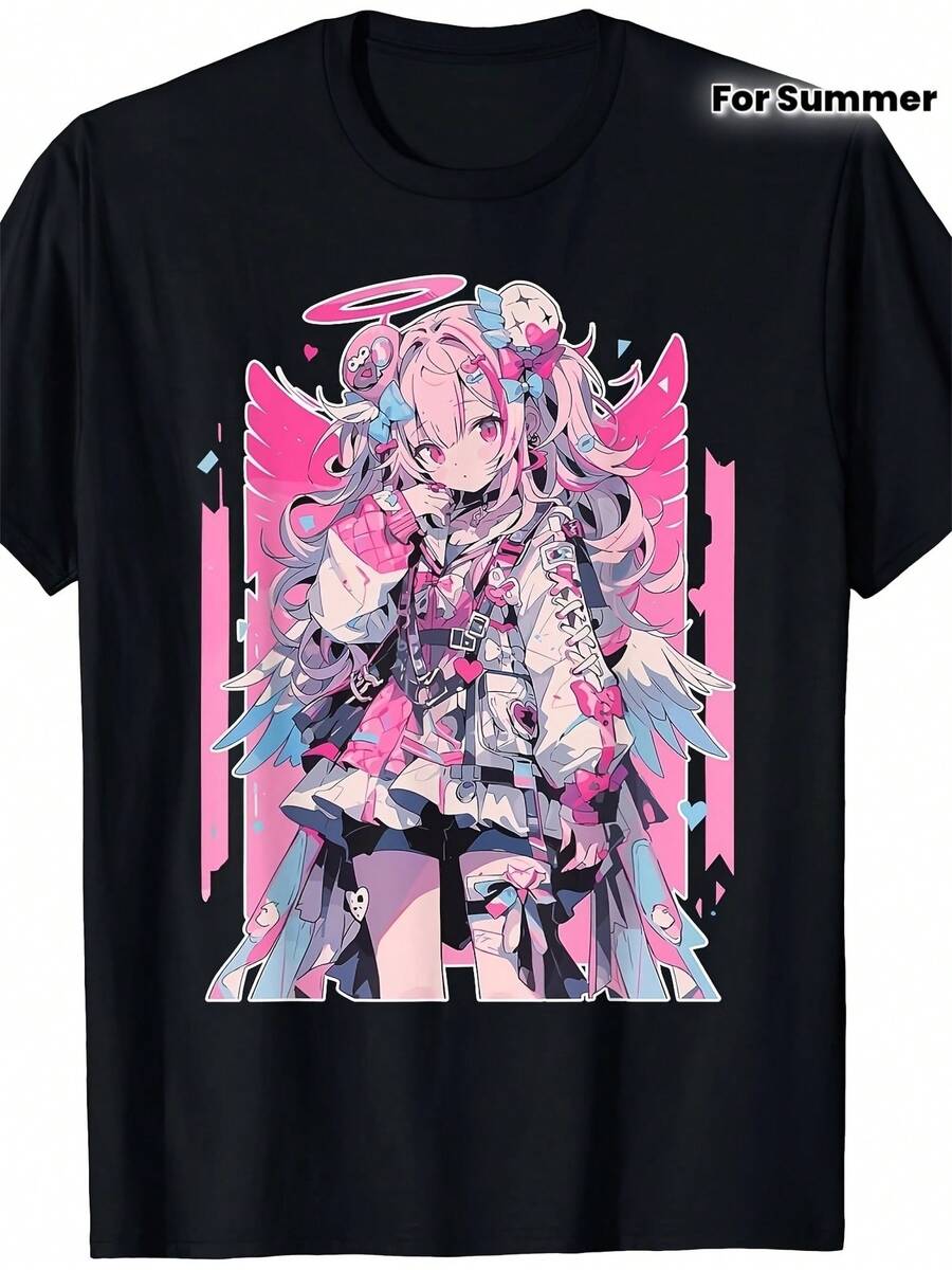 Camiseta estampada, top casual de manga corta y cuello redondo, ropa de mujer para primavera/verano, blusas para mujer, playeras de mujer, tops, blusa, top, playeras. - Negro - Ver 1