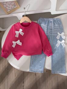 2 piezas Conjunto de ropa casual para niñas, diseño con lazo de unicolor, ajuste regular, cuello redondo, manga larga, top y pantalones, primavera/otoño - Rosa Fucsia - Ver 1