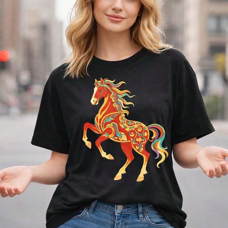 Camiseta de algodón casual para mujer, corte holgado, con estampado de caballos coloridos, top casual de manga corta de gran tamaño, camiseta básica suave y cómoda, camiseta con estampado de animales para uso diario. - Negro - Ver 1