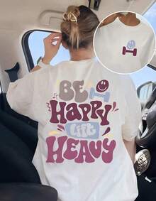 Mujer camiseta casual estampado de be happy lift heavy  diseño creativo, tejido suave holgada cuello redondo manga corta primavera verano uso diario camisas para hombre - Estilo - Ver 1
