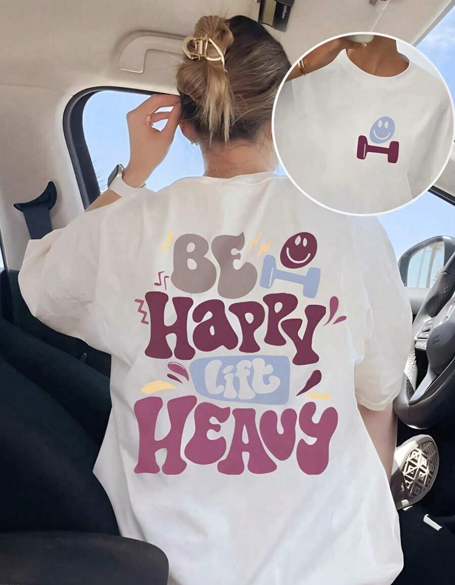 Mujer camiseta casual estampado de be happy lift heavy diseño creativo, tejido suave holgada cuello redondo manga corta primavera verano uso diario camisas para hombre - Estilo - Ver 1
