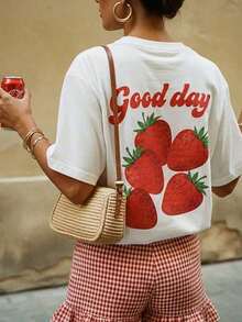 Camiseta Oversize para Mujer con Estampado Gráfico de Fresas "Good Day" Estilo Y2K, Vintage Retro de los 90s, Streetwear Casual de Corte Holgado con Hombros Caídos y Cuello Redondo, Estilo Preppy Coquette Cottagecore, Top Gráfico de Moda Veraniega, Camiseta Cómoda y Transpirable para Uso Diario en Vacaciones, Playa, Brunch, Conciertos, Festivales de Música, Regreso a Clases, Estilo Urbano, Salidas Casuales, Moda Casual de para Adolescentes y Mujeres Jóvenes, Camiseta Gráfica Mujer Oversized Holgada Estilo Casual Verano 2026 ropa de hombre - Estilo - Ver 8
