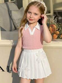 Girls' V-Neck Ribbed Knit Tank Top + Striped Bow Print Skirt 2Pcs Set, Suitable For Daily Wear, Outdoor Activities And Events, Spring/Summer - Baby Pink - View 6