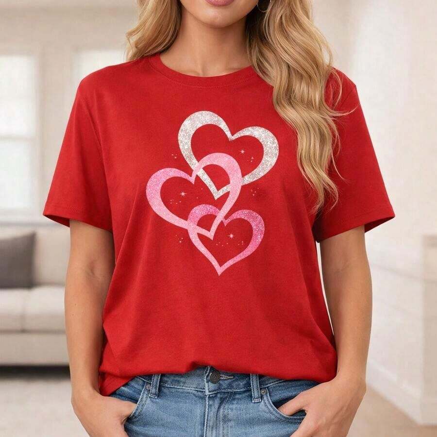 Camiseta Casual de Algodón para Mujer, Top Casual de Manga Corta con Cuello Redondo y Estampado de Corazón Brillante, Camiseta Básica de Corte Holgado para Uso Diario, Idea de Regalo para el Día de San Valentín, Camiseta Gráfica Rosa y Plateada. - Rojo - Ver 1