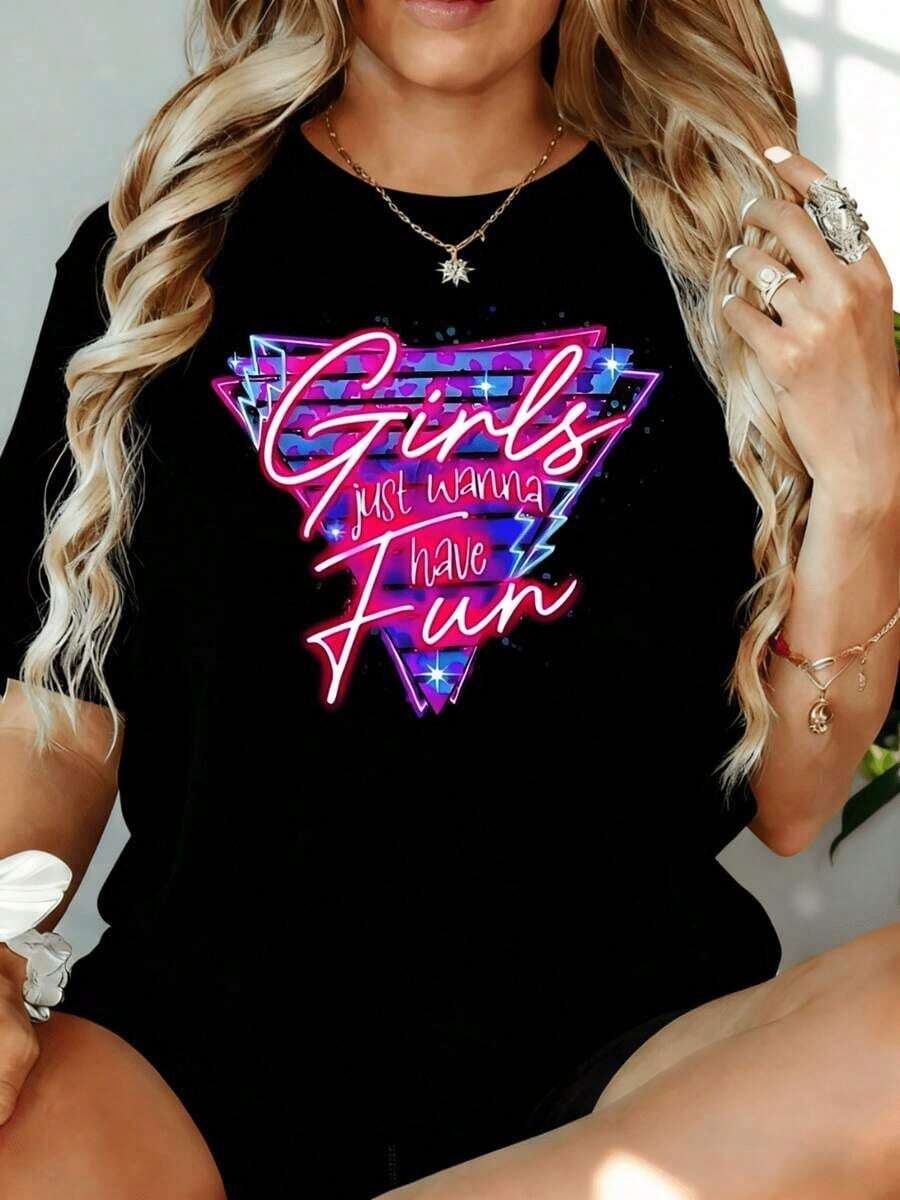Women's "Girls Just Wanna Have Fun" T-Shirt, Casual Graphic Print Top, Plus Size Summer Fashion Tee For Women, 180g, For Leisure At Home, Outdoors, Valentine's Day Gift Or Party. - 黑色 - 查看 1